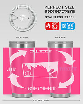 Eat Sleep Anime Repeat Anime Anime Tumbler showcasing vibrant anime-themed design, double wall vacuum stainless steel construction, and drink-thru lid.