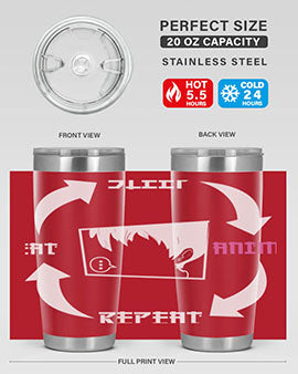 Eat Sleep Anime Repeat Anime Anime Tumbler showcasing vibrant anime-themed design, double wall vacuum stainless steel construction, and drink-thru lid.