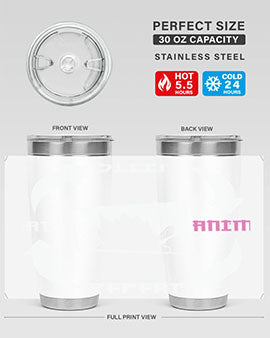 Eat Sleep Anime Repeat Anime Anime Tumbler showcasing vibrant anime-themed design, double wall vacuum stainless steel construction, and drink-thru lid.
