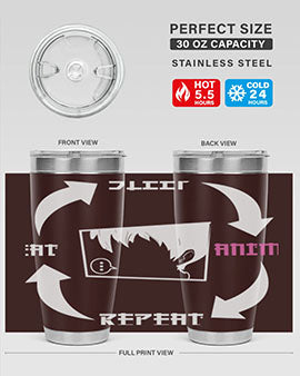 Eat Sleep Anime Repeat Anime Anime Tumbler showcasing vibrant anime-themed design, double wall vacuum stainless steel construction, and drink-thru lid.
