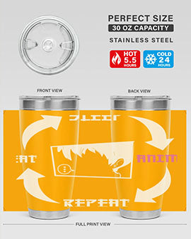 Eat Sleep Anime Repeat Anime Anime Tumbler showcasing vibrant anime-themed design, double wall vacuum stainless steel construction, and drink-thru lid.