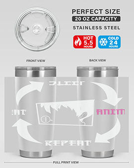 Eat Sleep Anime Repeat Anime Anime Tumbler showcasing vibrant anime-themed design, double wall vacuum stainless steel construction, and drink-thru lid.