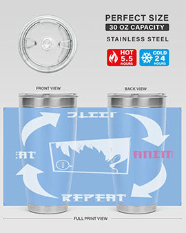 Eat Sleep Anime Repeat Anime Anime Tumbler showcasing vibrant anime-themed design, double wall vacuum stainless steel construction, and drink-thru lid.