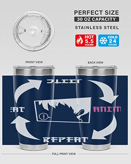 Eat Sleep Anime Repeat Anime Anime Tumbler showcasing vibrant anime-themed design, double wall vacuum stainless steel construction, and drink-thru lid.