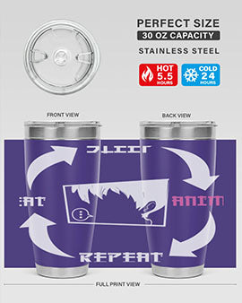 Eat Sleep Anime Repeat Anime Anime Tumbler showcasing vibrant anime-themed design, double wall vacuum stainless steel construction, and drink-thru lid.