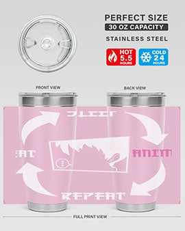 Eat Sleep Anime Repeat Anime Anime Tumbler showcasing vibrant anime-themed design, double wall vacuum stainless steel construction, and drink-thru lid.