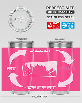 Eat Sleep Anime Repeat Anime Anime Tumbler showcasing vibrant anime-themed design, double wall vacuum stainless steel construction, and drink-thru lid.
