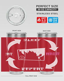 Eat Sleep Anime Repeat Anime Anime Tumbler showcasing vibrant anime-themed design, double wall vacuum stainless steel construction, and drink-thru lid.