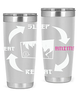 Eat Sleep Anime Repeat Anime Anime Tumbler showcasing vibrant anime-themed design, double wall vacuum stainless steel construction, and drink-thru lid.