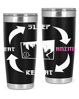 Eat Sleep Anime Repeat Anime Anime Tumbler showcasing vibrant anime-themed design, double wall vacuum stainless steel construction, and drink-thru lid.