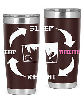 Eat Sleep Anime Repeat Anime Anime Tumbler showcasing vibrant anime-themed design, double wall vacuum stainless steel construction, and drink-thru lid.