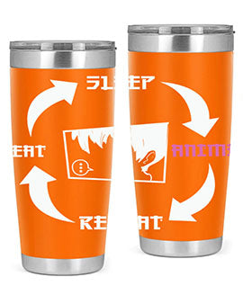 Eat Sleep Anime Repeat Anime Anime Tumbler showcasing vibrant anime-themed design, double wall vacuum stainless steel construction, and drink-thru lid.