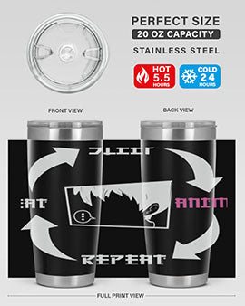 Eat Sleep Anime Repeat Anime Anime Tumbler showcasing vibrant anime-themed design, double wall vacuum stainless steel construction, and drink-thru lid.