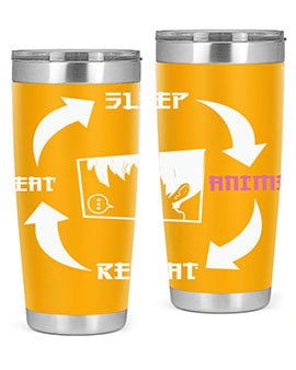 Eat Sleep Anime Repeat Anime Anime Tumbler showcasing vibrant anime-themed design, double wall vacuum stainless steel construction, and drink-thru lid.