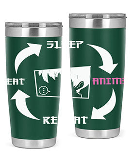 Eat Sleep Anime Repeat Anime Anime Tumbler showcasing vibrant anime-themed design, double wall vacuum stainless steel construction, and drink-thru lid.