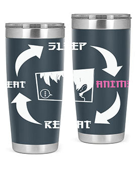 Eat Sleep Anime Repeat Anime Anime Tumbler showcasing vibrant anime-themed design, double wall vacuum stainless steel construction, and drink-thru lid.