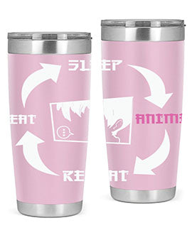 Eat Sleep Anime Repeat Anime Anime Tumbler showcasing vibrant anime-themed design, double wall vacuum stainless steel construction, and drink-thru lid.