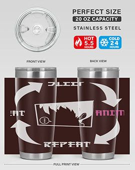 Eat Sleep Anime Repeat Anime Anime Tumbler showcasing vibrant anime-themed design, double wall vacuum stainless steel construction, and drink-thru lid.