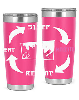 Eat Sleep Anime Repeat Anime Anime Tumbler showcasing vibrant anime-themed design, double wall vacuum stainless steel construction, and drink-thru lid.