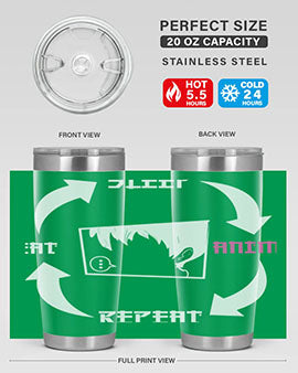 Eat Sleep Anime Repeat Anime Anime Tumbler showcasing vibrant anime-themed design, double wall vacuum stainless steel construction, and drink-thru lid.