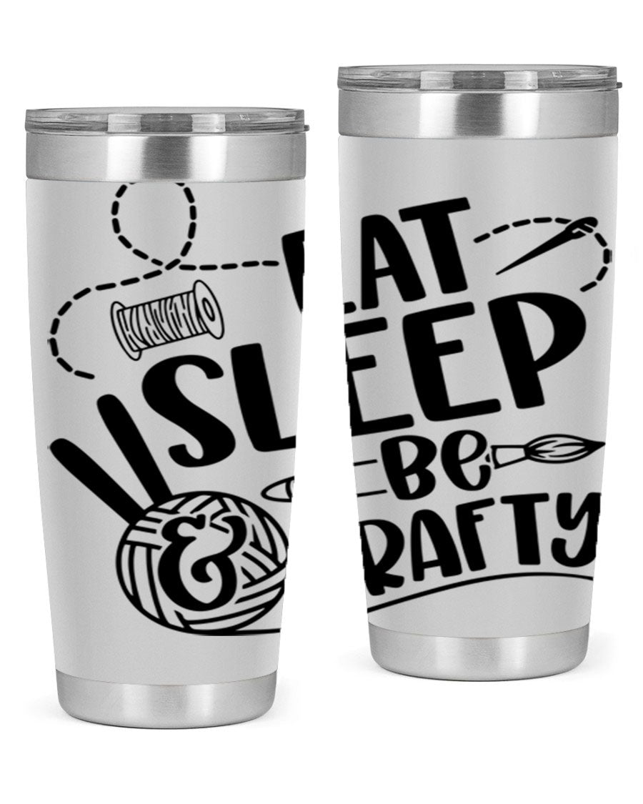 Eat Sleep Be Crafty 28# Tumbler in stainless steel with a drink-thru lid, showcasing its sleek design and double wall insulation.