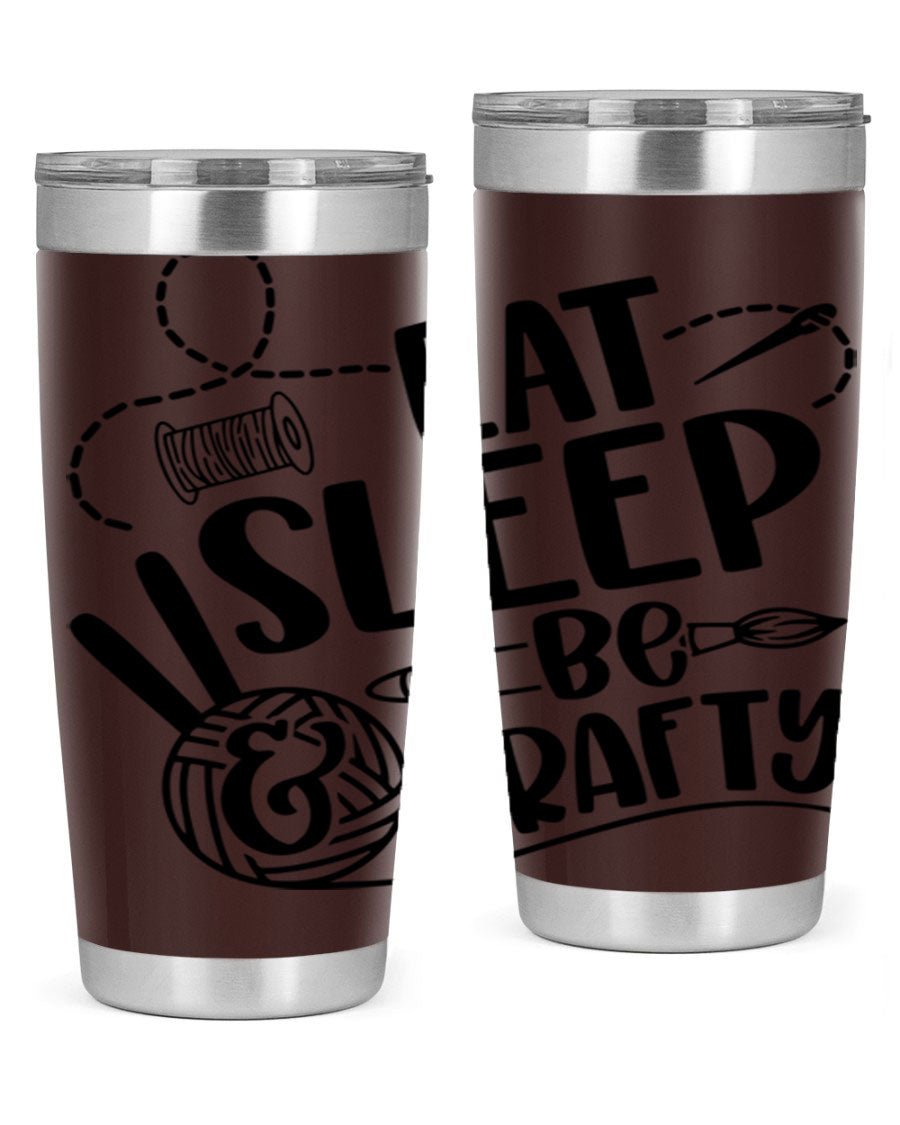 Eat Sleep Be Crafty 28# Tumbler in stainless steel with a drink-thru lid, showcasing its sleek design and double wall insulation.