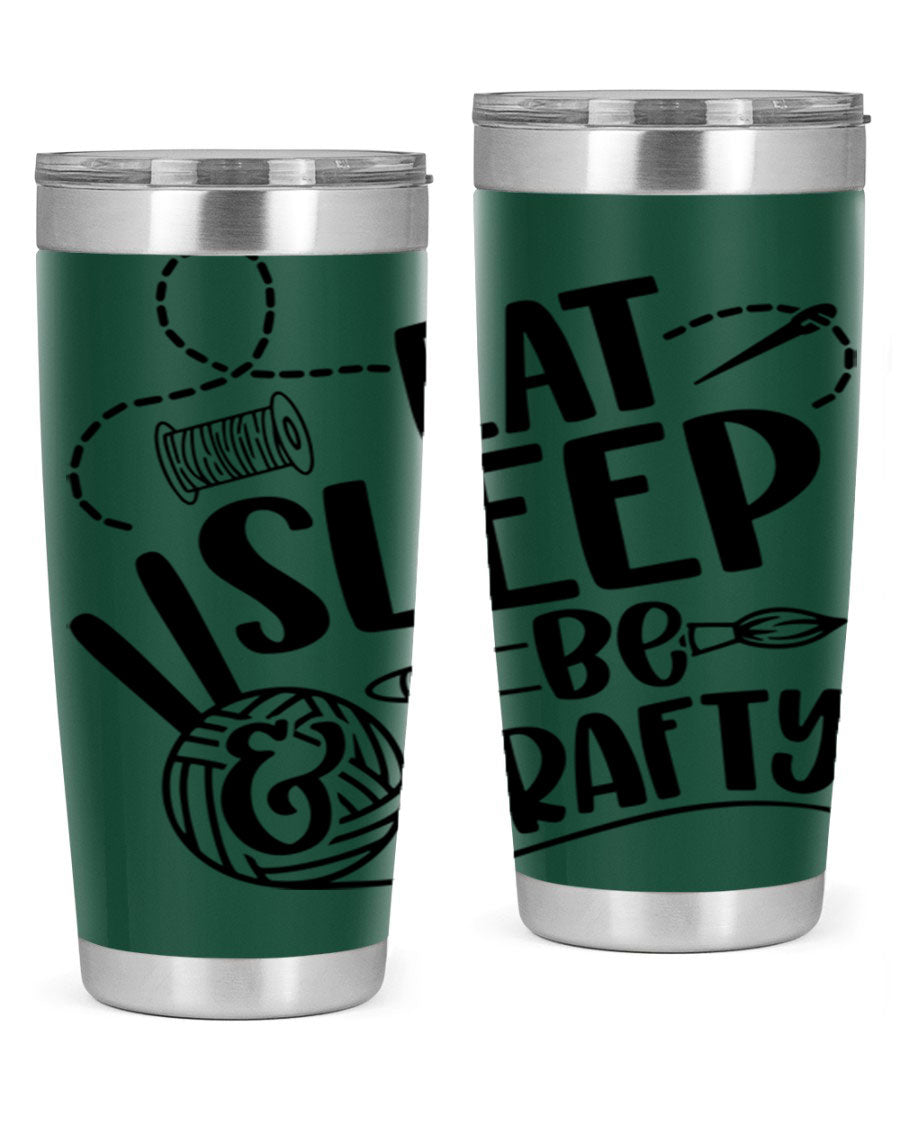 Eat Sleep Be Crafty 28# Tumbler in stainless steel with a drink-thru lid, showcasing its sleek design and double wall insulation.