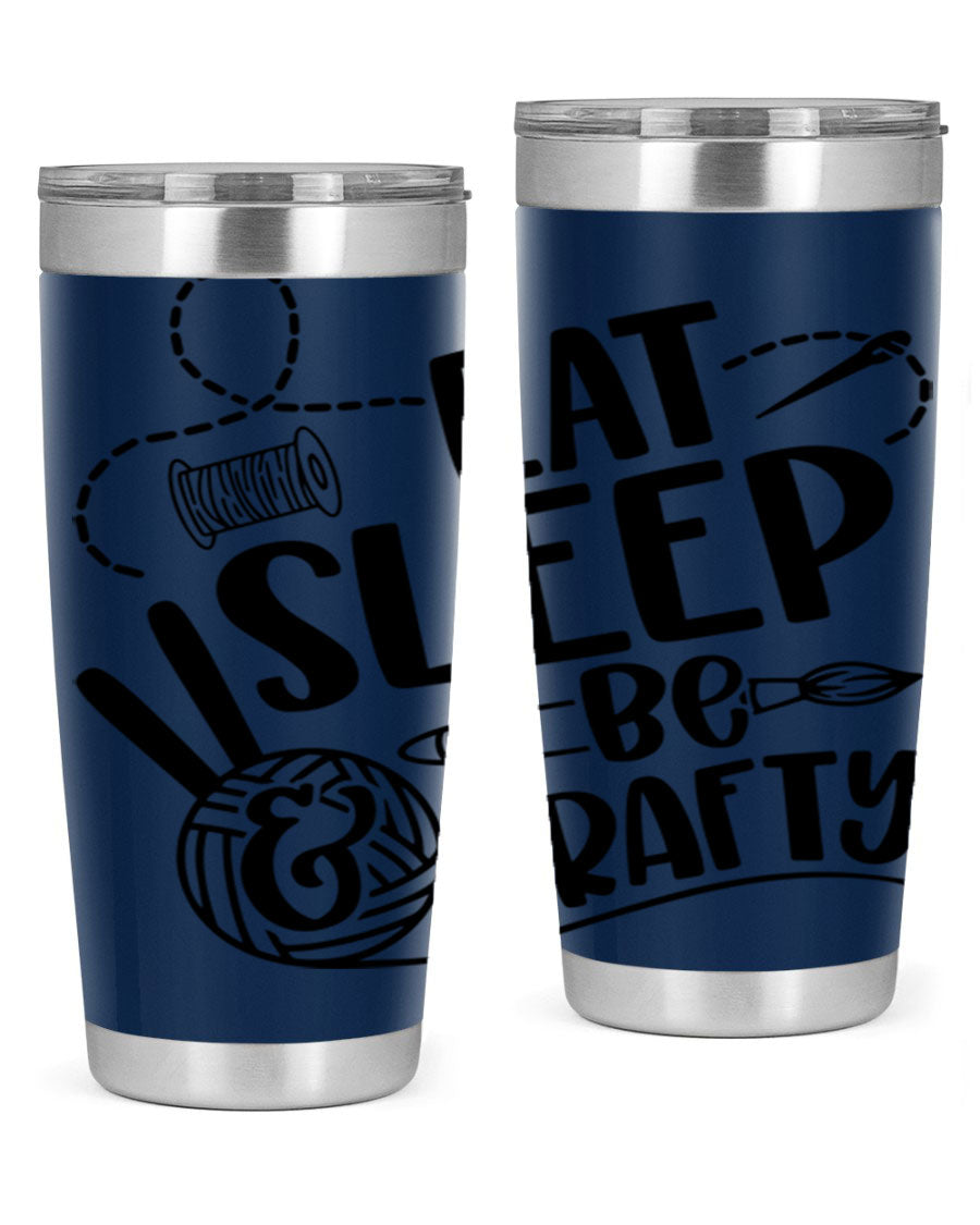 Eat Sleep Be Crafty 28# Tumbler in stainless steel with a drink-thru lid, showcasing its sleek design and double wall insulation.