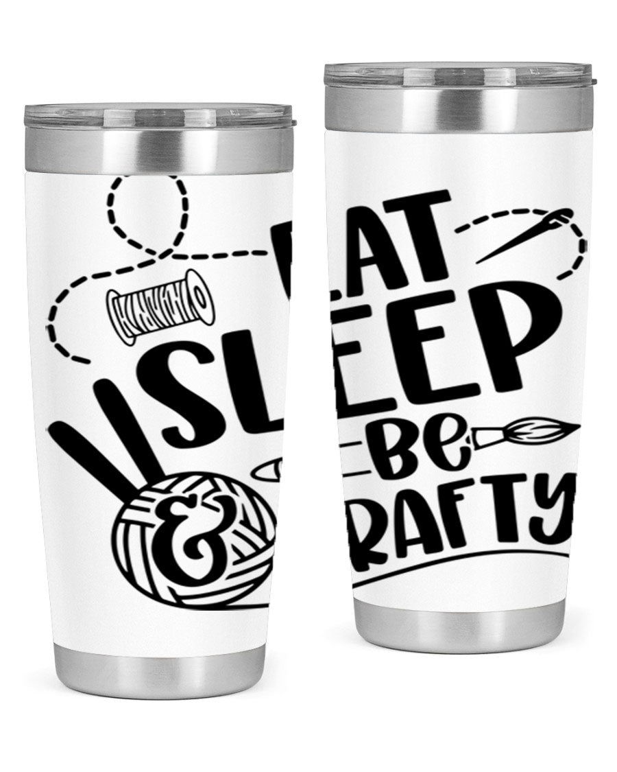 Eat Sleep Be Crafty 28# Tumbler in stainless steel with a drink-thru lid, showcasing its sleek design and double wall insulation.
