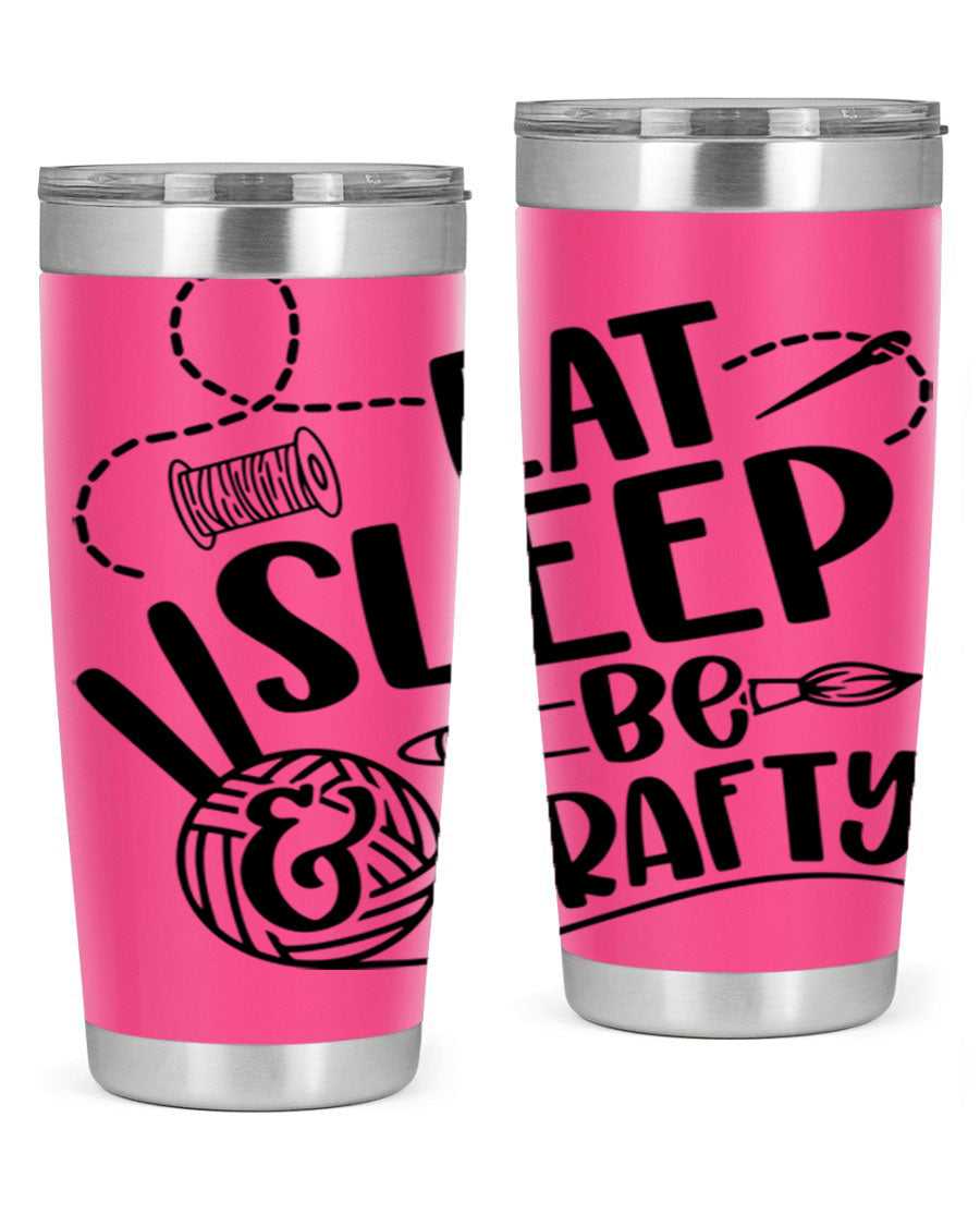 Eat Sleep Be Crafty 28# Tumbler in stainless steel with a drink-thru lid, showcasing its sleek design and double wall insulation.