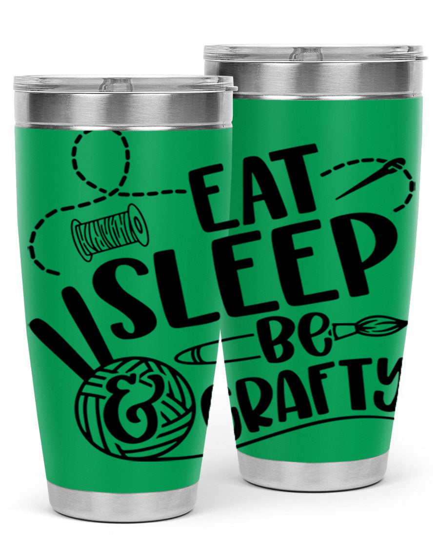 Eat Sleep Be Crafty 28# Tumbler in stainless steel with a drink-thru lid, showcasing its sleek design and double wall insulation.