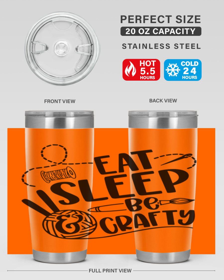 Eat Sleep Be Crafty 28# Tumbler in stainless steel with a drink-thru lid, showcasing its sleek design and double wall insulation.