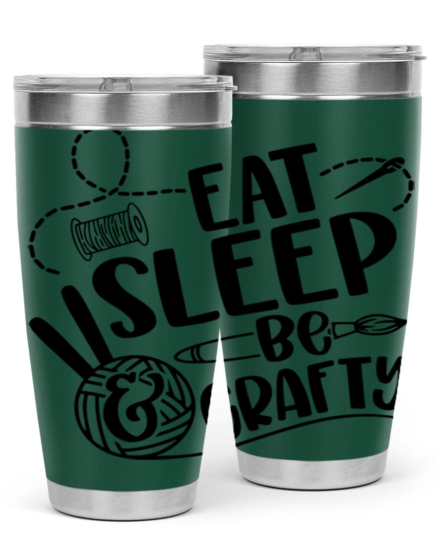 Eat Sleep Be Crafty 28# Tumbler in stainless steel with a drink-thru lid, showcasing its sleek design and double wall insulation.