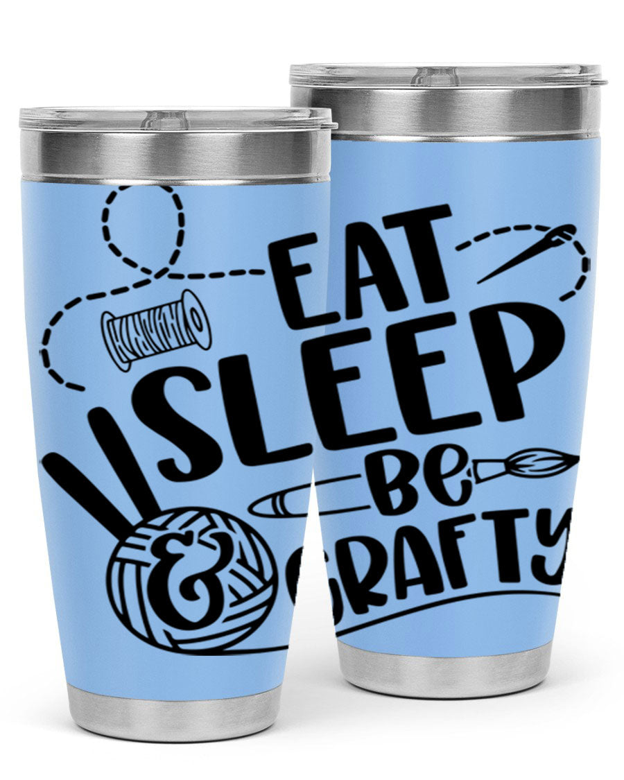 Eat Sleep Be Crafty 28# Tumbler in stainless steel with a drink-thru lid, showcasing its sleek design and double wall insulation.