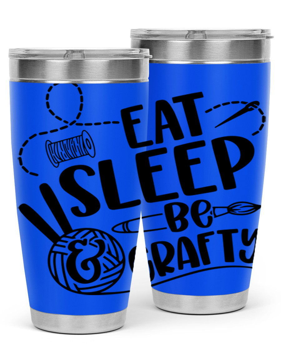 Eat Sleep Be Crafty 28# Tumbler in stainless steel with a drink-thru lid, showcasing its sleek design and double wall insulation.