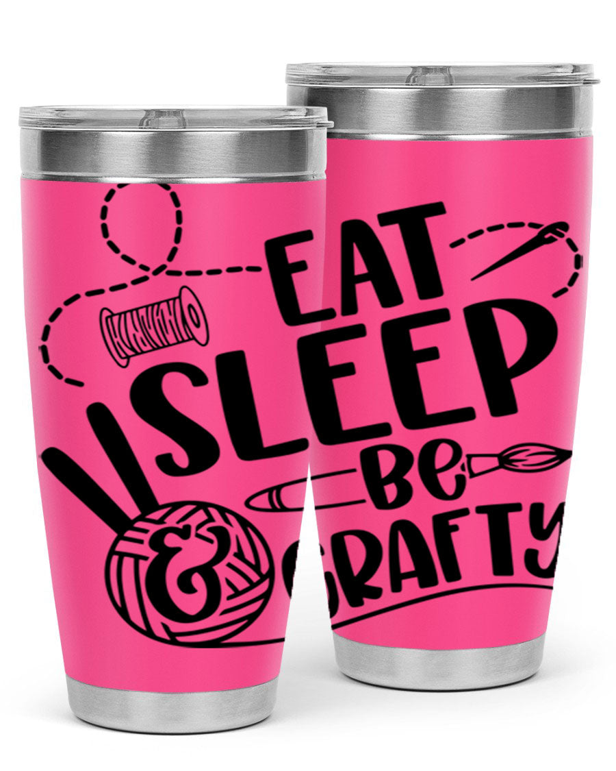 Eat Sleep Be Crafty 28# Tumbler in stainless steel with a drink-thru lid, showcasing its sleek design and double wall insulation.