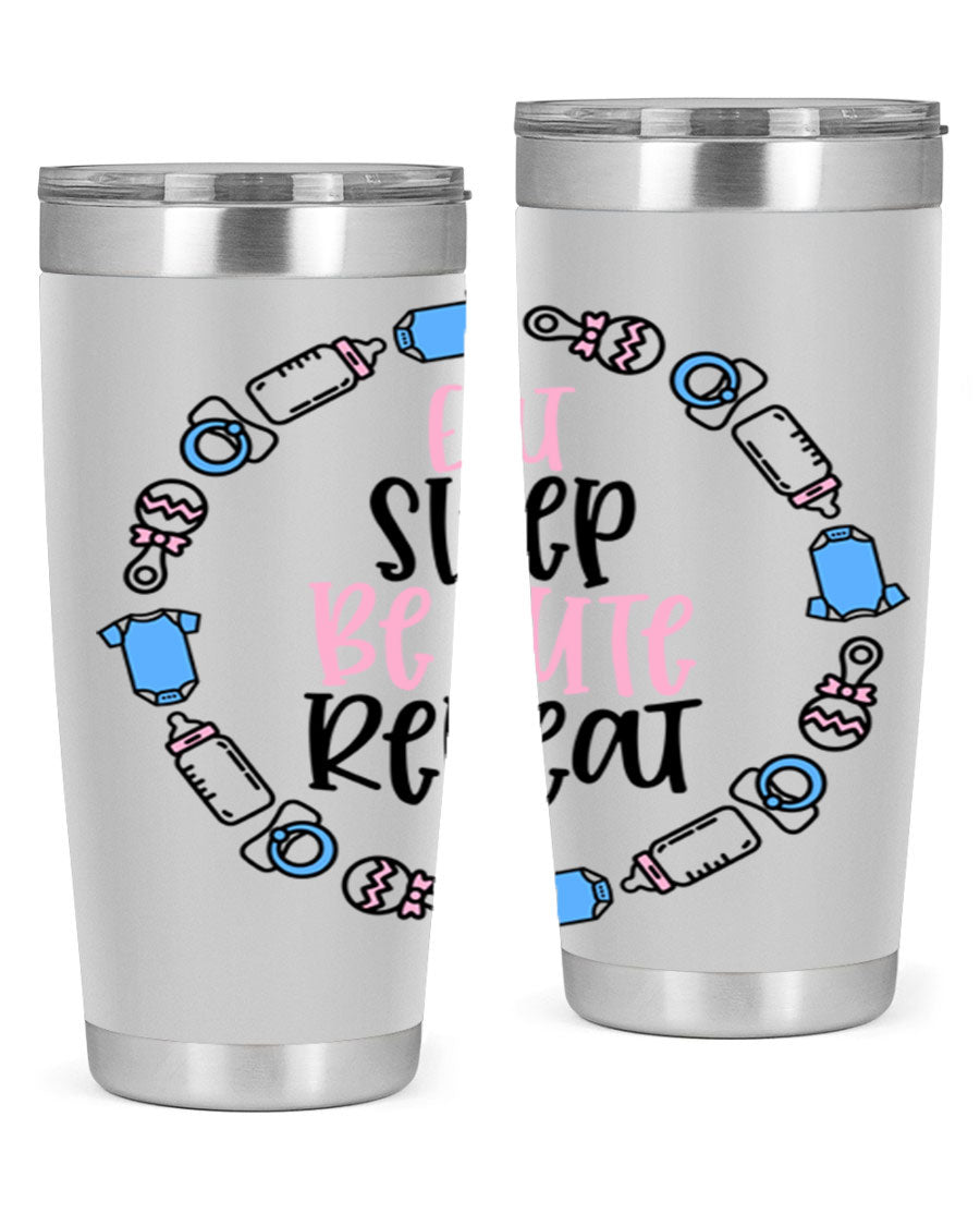 A colorful 20oz stainless steel tumbler featuring the phrase 'Eat Sleep Be Cute Repeat Style 98#', designed for kids with a drink-thru lid.