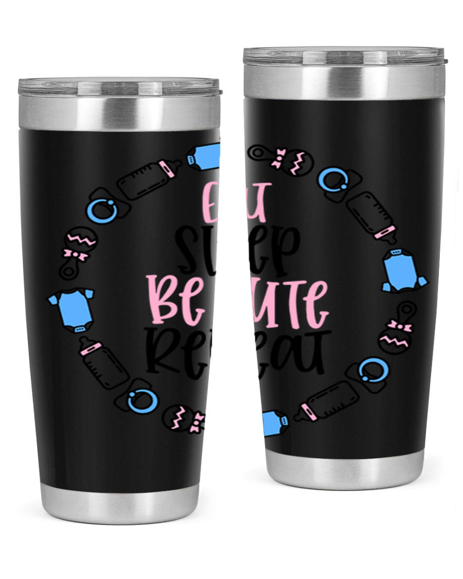 A colorful 20oz stainless steel tumbler featuring the phrase 'Eat Sleep Be Cute Repeat Style 98#', designed for kids with a drink-thru lid.