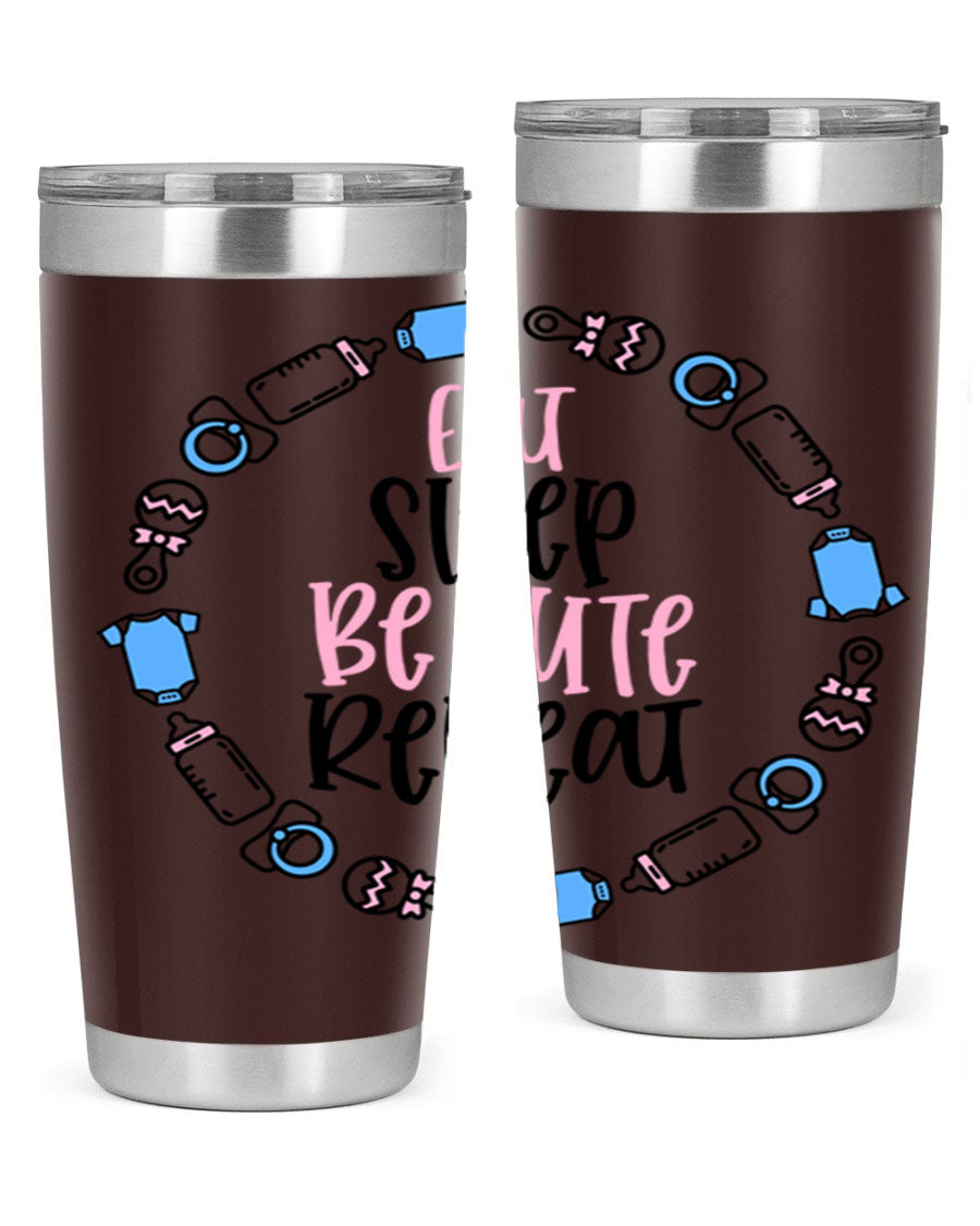 A colorful 20oz stainless steel tumbler featuring the phrase 'Eat Sleep Be Cute Repeat Style 98#', designed for kids with a drink-thru lid.