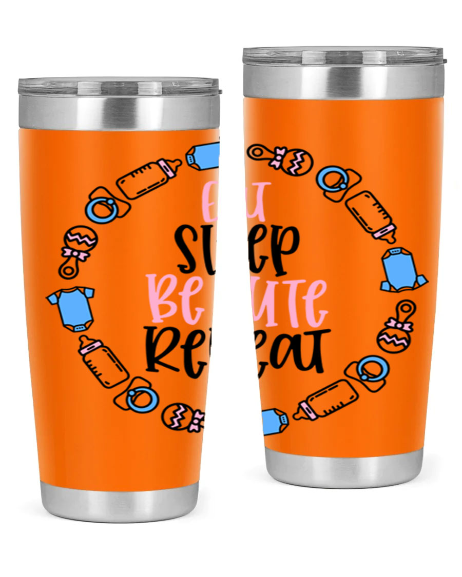A colorful 20oz stainless steel tumbler featuring the phrase 'Eat Sleep Be Cute Repeat Style 98#', designed for kids with a drink-thru lid.