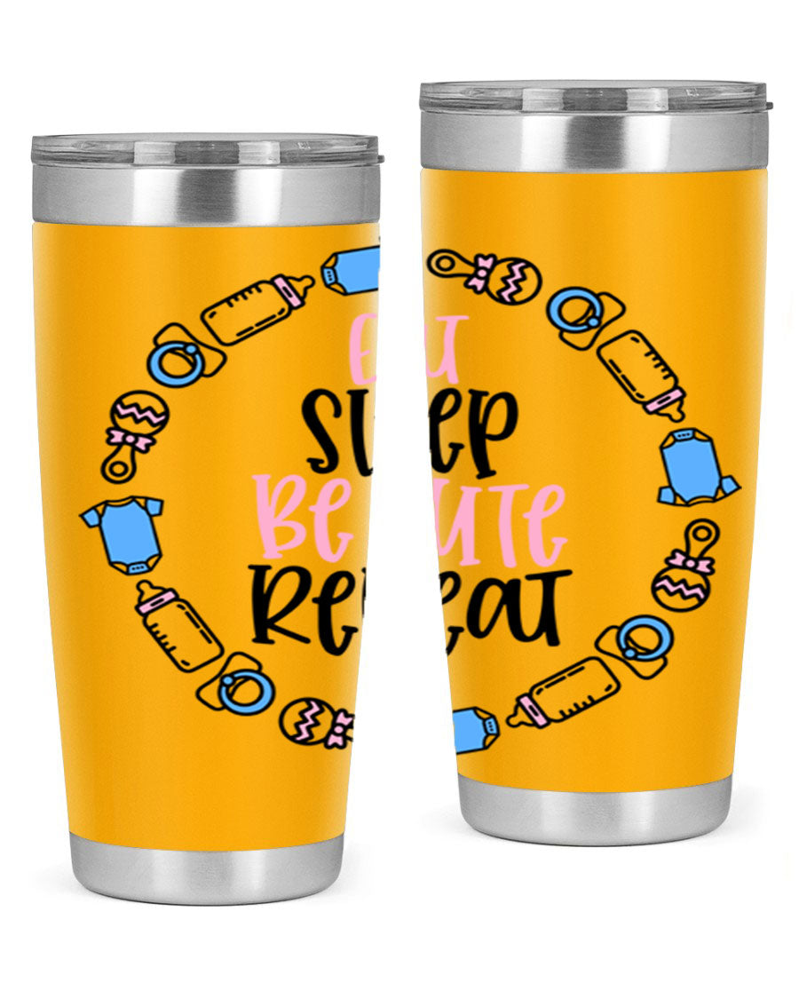 A colorful 20oz stainless steel tumbler featuring the phrase 'Eat Sleep Be Cute Repeat Style 98#', designed for kids with a drink-thru lid.