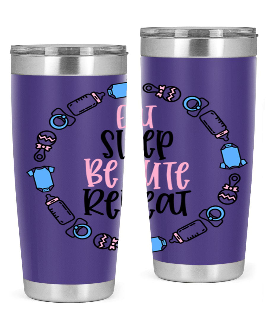 A colorful 20oz stainless steel tumbler featuring the phrase 'Eat Sleep Be Cute Repeat Style 98#', designed for kids with a drink-thru lid.