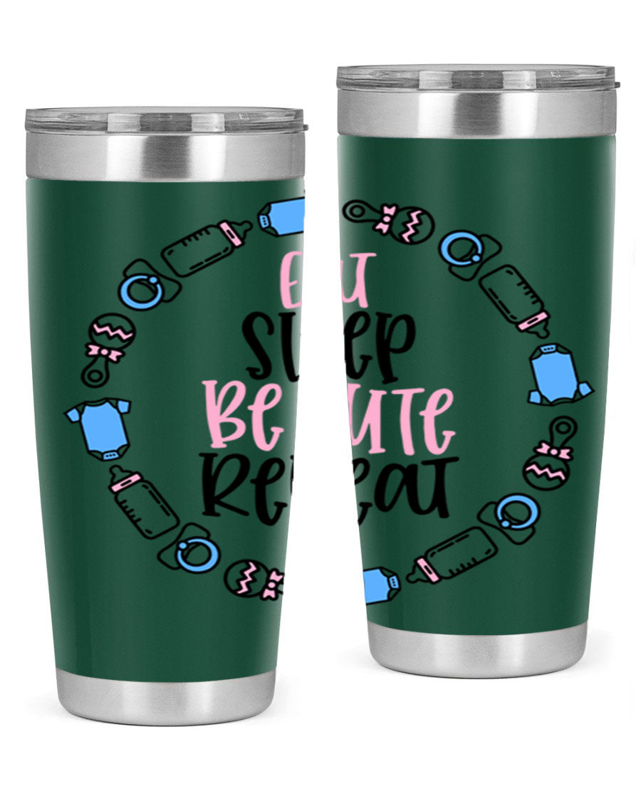 A colorful 20oz stainless steel tumbler featuring the phrase 'Eat Sleep Be Cute Repeat Style 98#', designed for kids with a drink-thru lid.