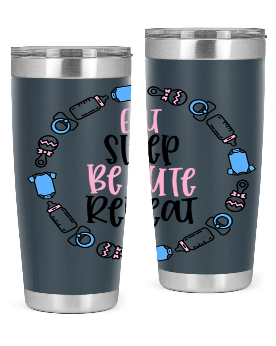 A colorful 20oz stainless steel tumbler featuring the phrase 'Eat Sleep Be Cute Repeat Style 98#', designed for kids with a drink-thru lid.