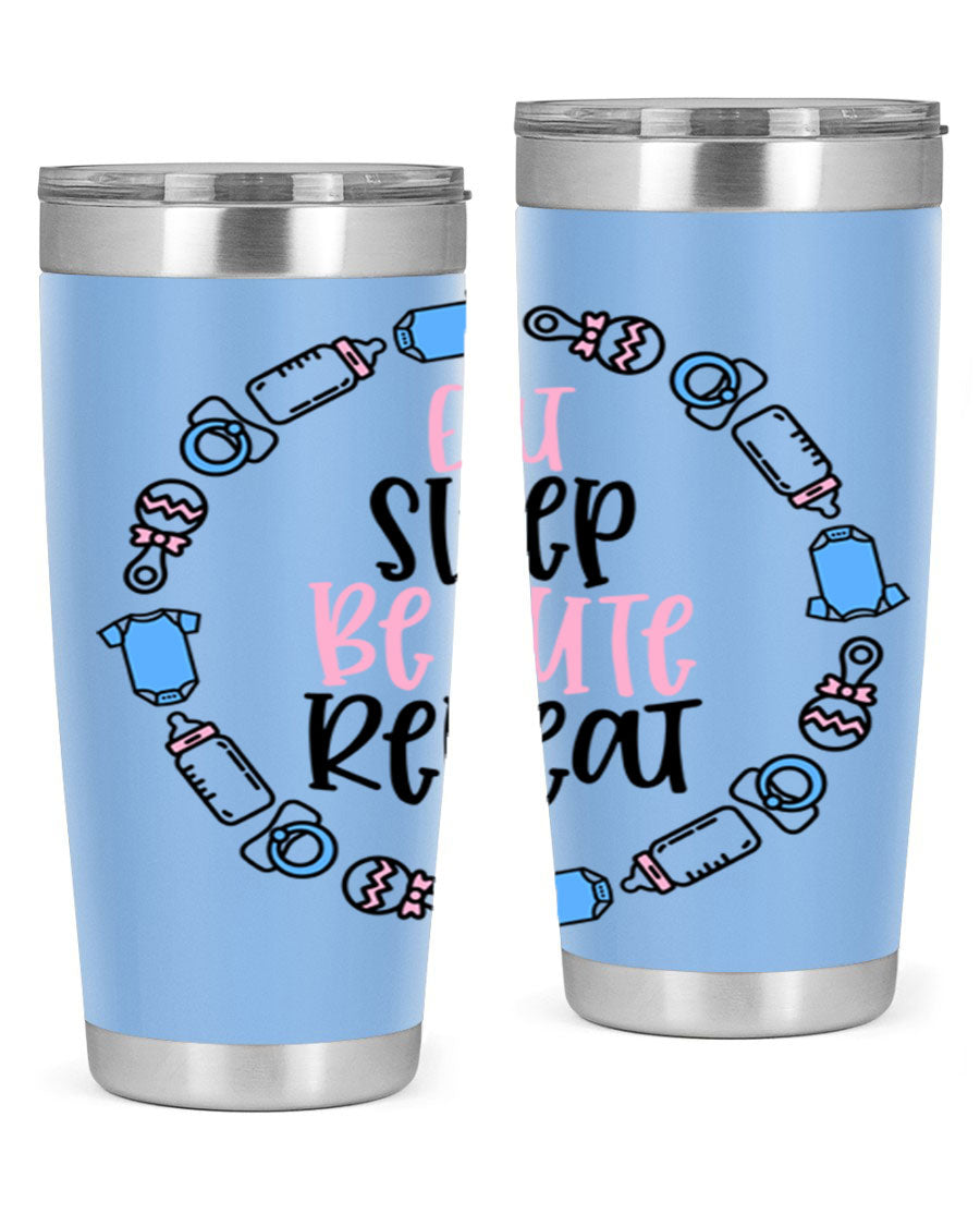 A colorful 20oz stainless steel tumbler featuring the phrase 'Eat Sleep Be Cute Repeat Style 98#', designed for kids with a drink-thru lid.