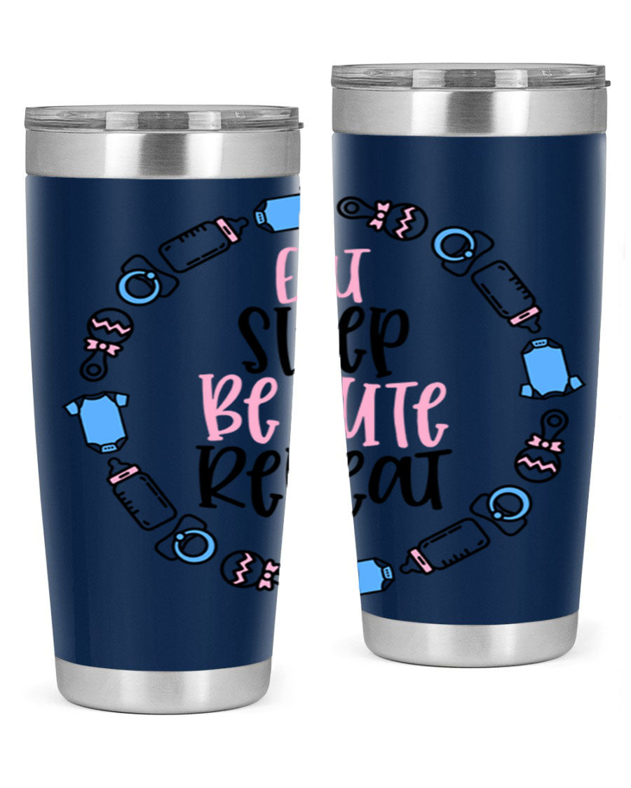 A colorful 20oz stainless steel tumbler featuring the phrase 'Eat Sleep Be Cute Repeat Style 98#', designed for kids with a drink-thru lid.