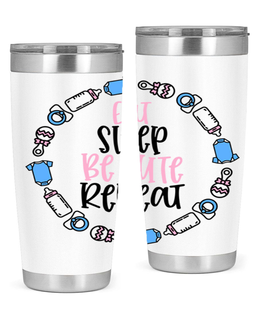 A colorful 20oz stainless steel tumbler featuring the phrase 'Eat Sleep Be Cute Repeat Style 98#', designed for kids with a drink-thru lid.