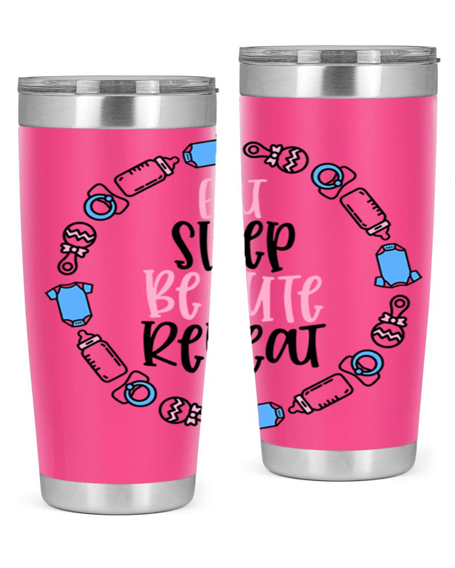 A colorful 20oz stainless steel tumbler featuring the phrase 'Eat Sleep Be Cute Repeat Style 98#', designed for kids with a drink-thru lid.