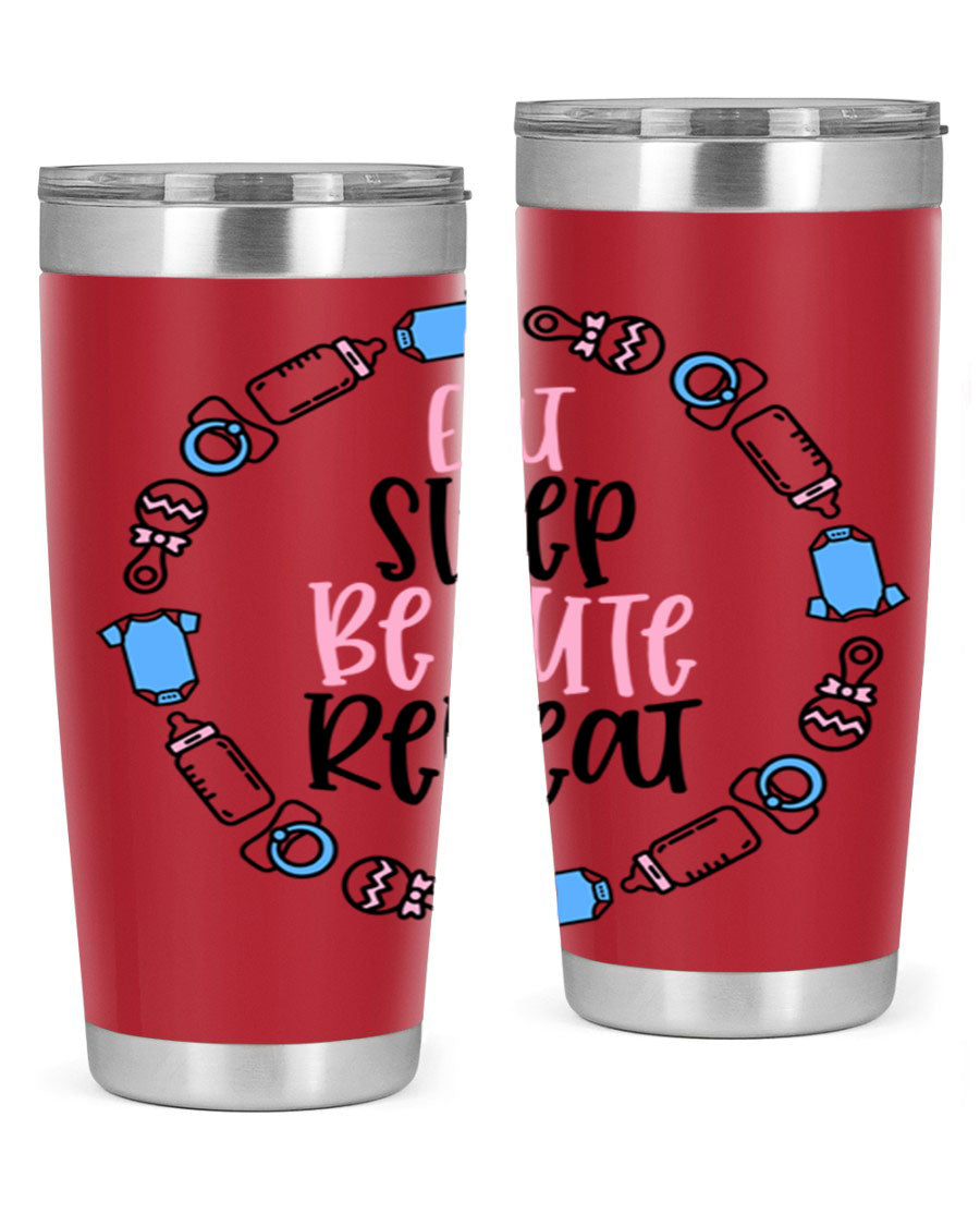 A colorful 20oz stainless steel tumbler featuring the phrase 'Eat Sleep Be Cute Repeat Style 98#', designed for kids with a drink-thru lid.