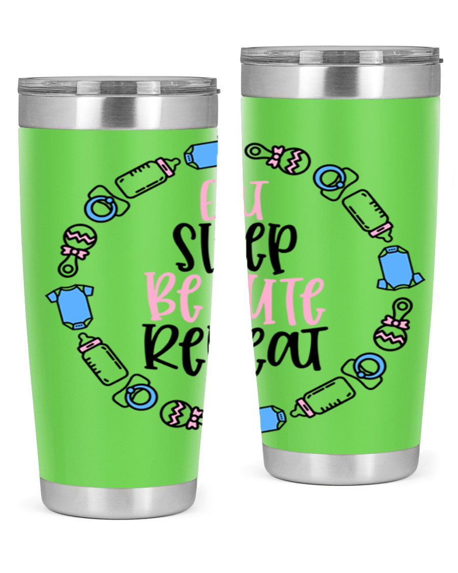 A colorful 20oz stainless steel tumbler featuring the phrase 'Eat Sleep Be Cute Repeat Style 98#', designed for kids with a drink-thru lid.